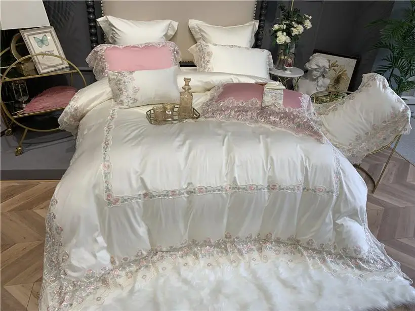 

1000TC Premium Egyptian Cotton Bedding Duvet Cover Bed sheets Set King Queen 4/7Pcs Flower Lace White Pink Princess Bedding set