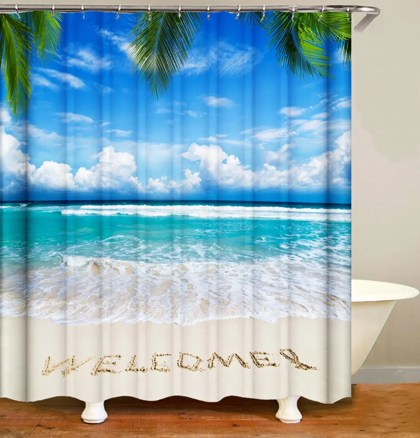 

Beautiful Beach Bath Curtain With 12 Hooks Exuberant Coconut Tree for Sunbathing Beautiful Sunset Polyester Shower Curtain