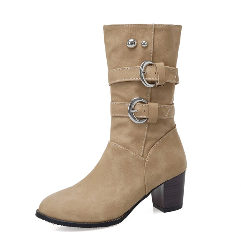 Rimocy Purple Warm Short Plush Mid Calf Boots Women Vintage Buckle Chunky Heels Pu Botas Mujer Plus Size Slip-on Shoes Woman