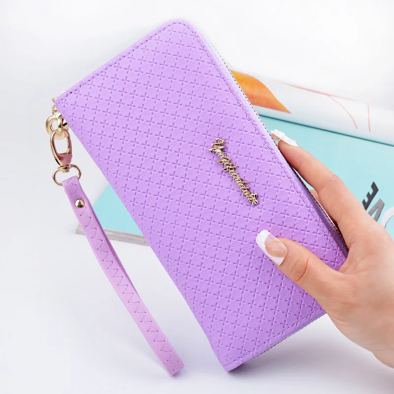 

PU Leather Women's Wallets Wristband Leaf Print Coin Purse Long Zipper Clutch Female Plaid Korean Mobile Phone Bag Card Holder