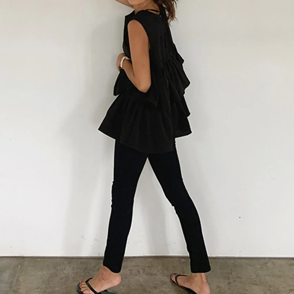 

Blouse Black Sleeveless Women 2021 Summer Kawaii Round Neck Shirts Tops Ruffles Cute Korean Loose Women Female Shirts Blouses