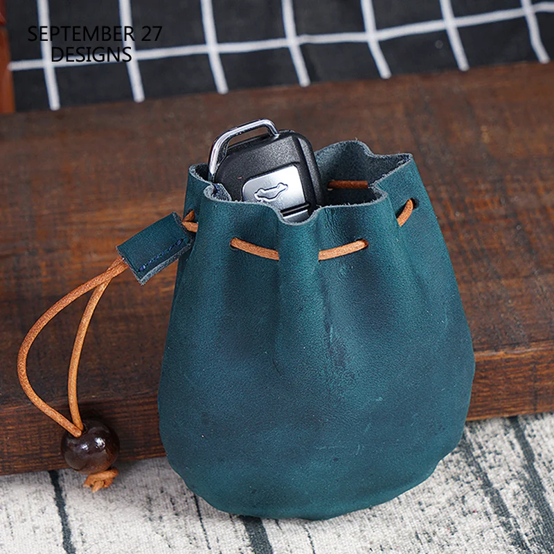 

New Style Drawstring Coin Purse Crazy Horse Leather Vintage Mini Coin Pouch 100% Cowskin Car Key Bag Small Wallets Money Bag