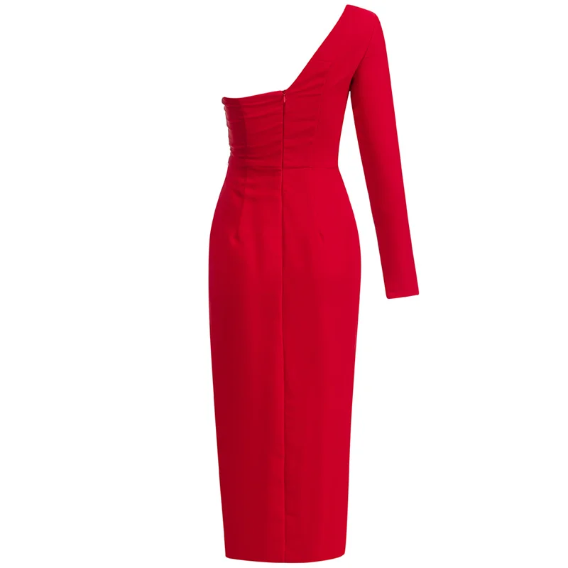 

Bevenccel Summer One Shoulder Women Dress Elegant 2021 New Arrival Red Draped Split Bodycon Celebrity Runway Club Party Dress