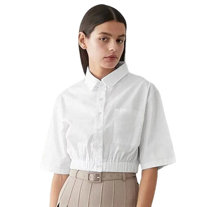 

Summer Women Short Elastic Waist Turn-Down Collar Solid Color Shirt