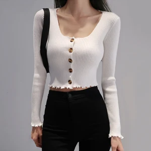 Женский укороченный кардиган с круглым вырезом и отделкой по краю