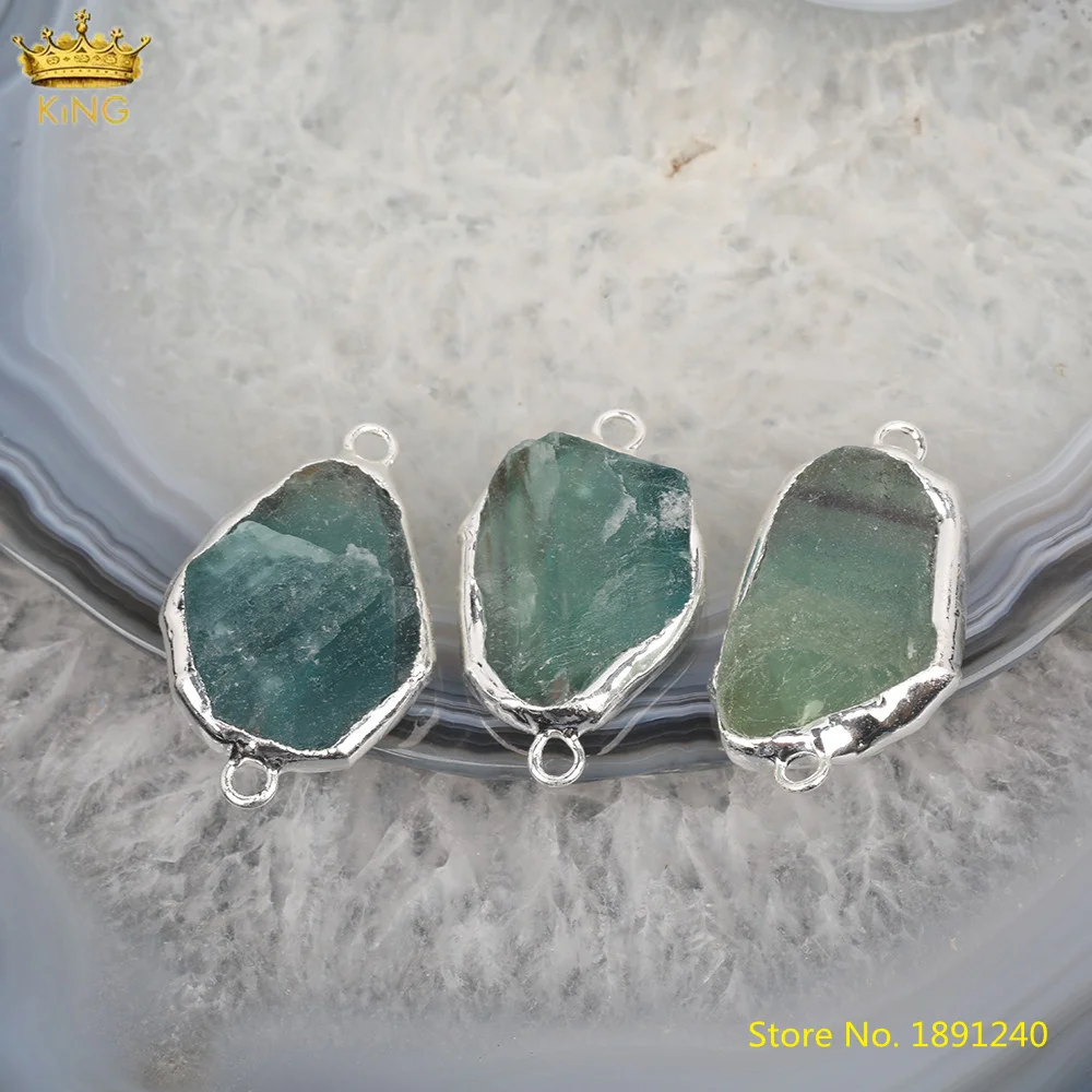 

5pcs Natural Rainbow Fluorite Stone Freefrom Slab Necklace Connector,Plated Silvery Bails Fluorite Charms For DIY Jewelry Making