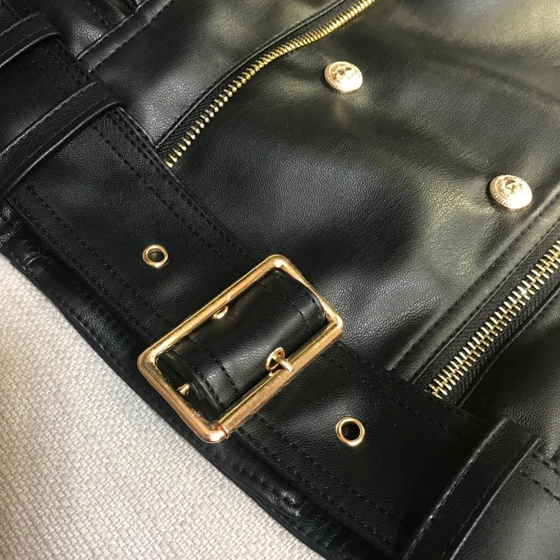 2021 New Fashion Designer Women's Leather Jacket Buttons Double Zippers Motorcycle Biker Faux Coat Spring PY160 | Женская одежда