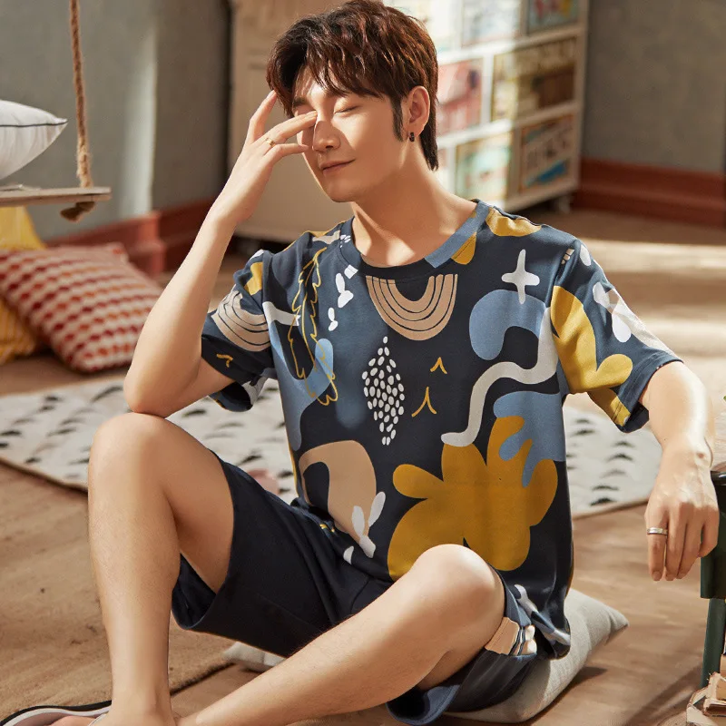 

Cotton Men Slepwear Home Clothing Pajamas Suit Nightwear Casual Print Homewear Sleep Set 2021 Summer New Green Pyjamas Nightgown