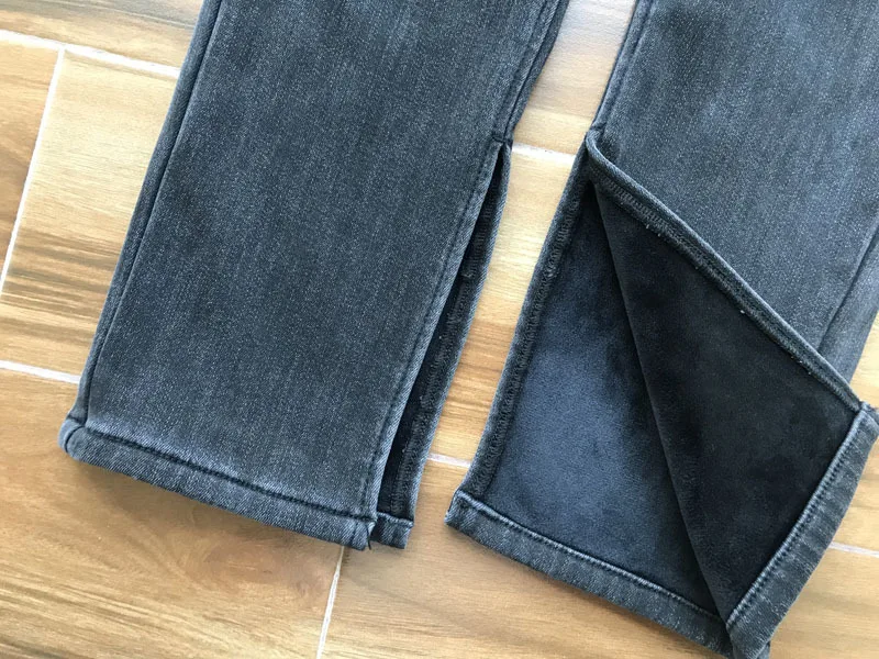 

Classic Trendy Brand Design Winter Women Split Leg Stretch Elastic Flannel Pants Straight Tube Slim Plush Denim Jeans Pants A2