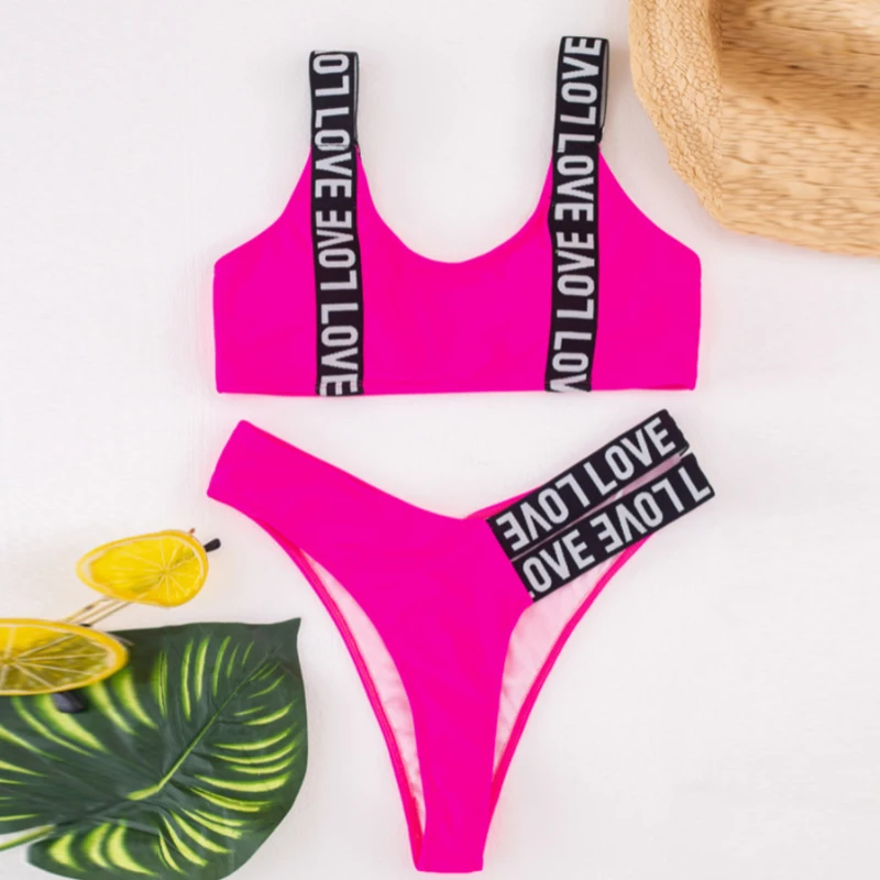 

Women Sports Swimwear Bikini Set Two Piece Letter Strap Splicing Solid Swimsuit Push Up Female Beachwear Bathing Suit 2021