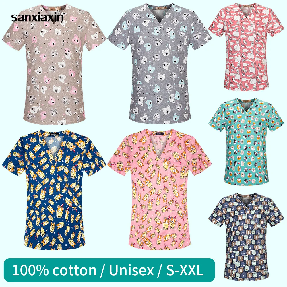

Men Scrubs Clothing Health Service Work Tops Cotton Short Sleeved Pet Grooming Work Clothes with Pockets Dental Clinic Workwear