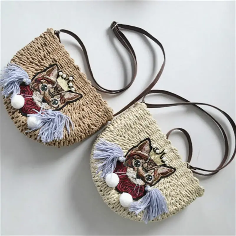 

New 2020 Female Summer Straw Bag Tassel Cat Bag Messenger Bags Beach Bag a6240