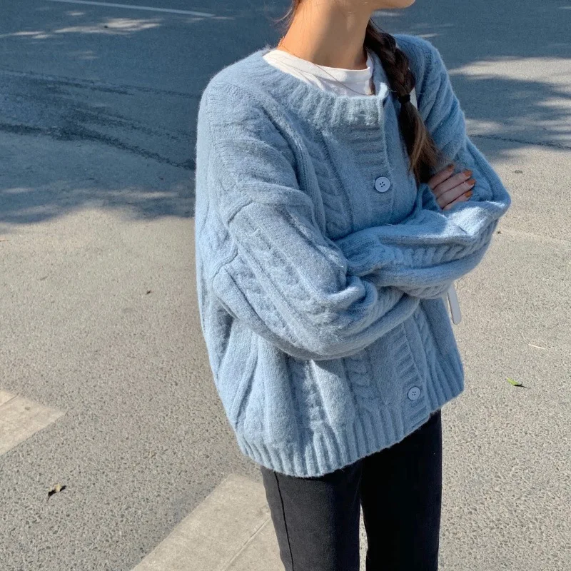 

Spring Autumn Women Knitted Cardigan Sweater Casual O-Neck Long Sleeve Purple Sweater Woman Vintage Loose Single Breasted Jacket