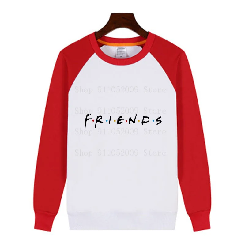 

Harajuku Kawaii Friends Print Crew Neck Pullover Hoodie Women Red Sleeves White Sweatshirt Variety Optional