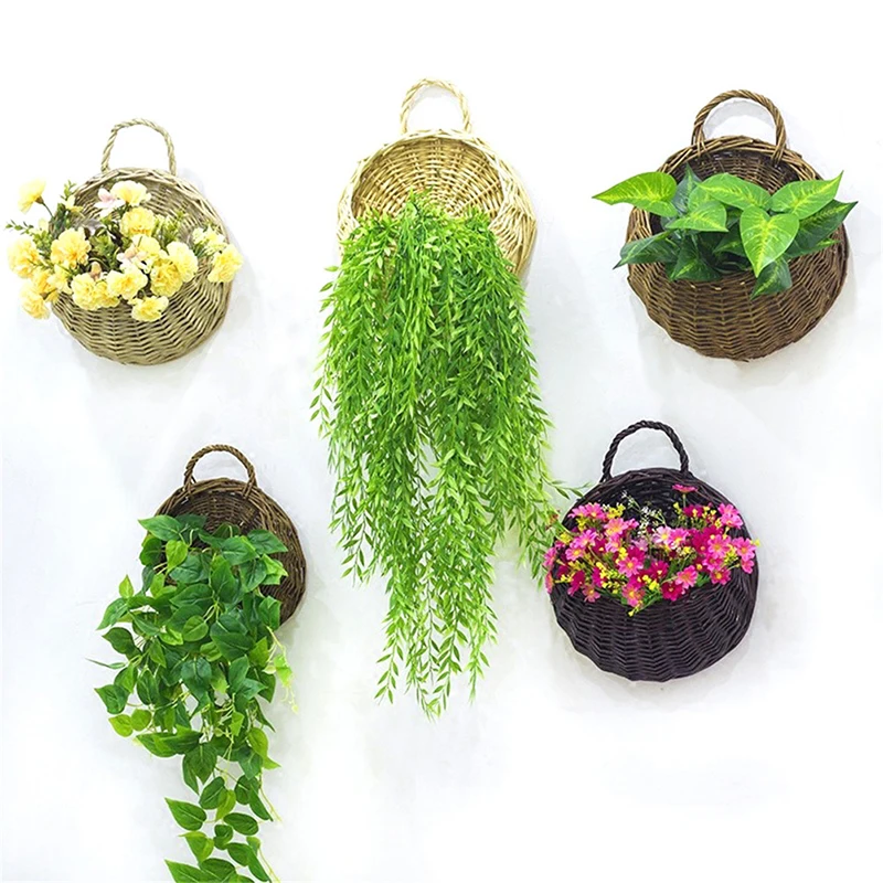 

Handwoven Wicker Flower Planter Wall Hanging Rattam Basket Garden Vine Pot Plants Holder Flower Hanging Pot Home Decoration