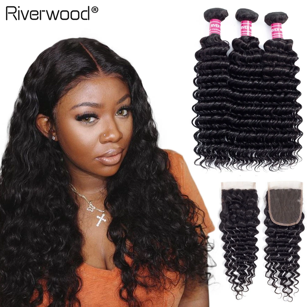 Глубокая волна 2/3 пряди с закрытием кружева бразильские натуральные кудрявые