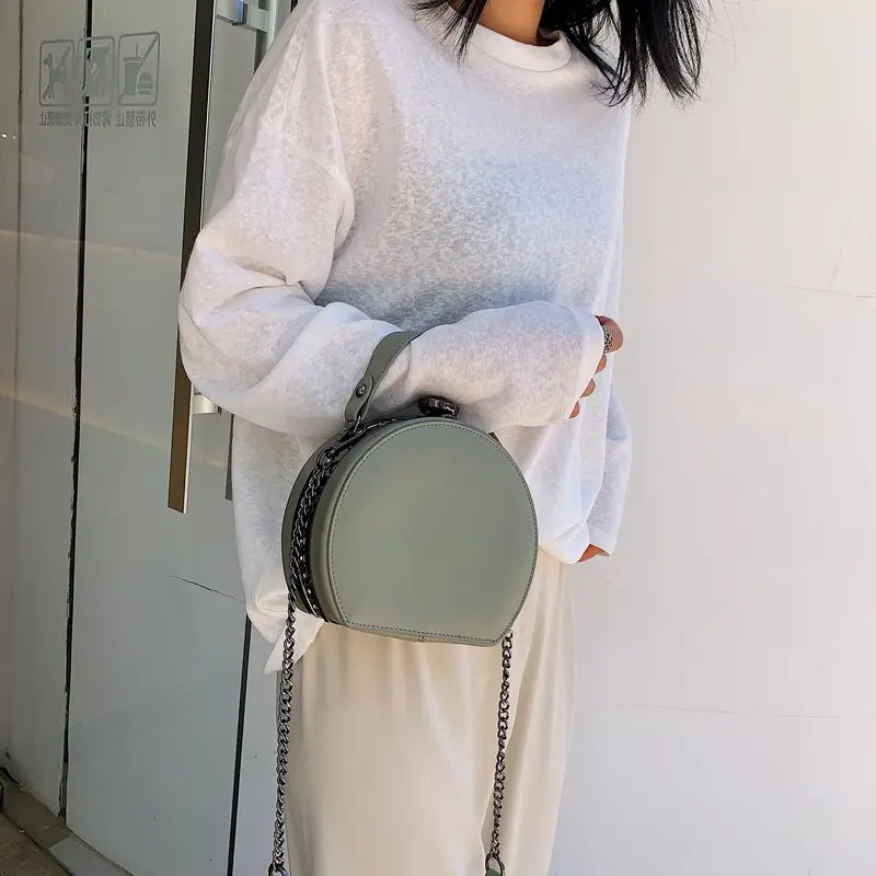 

Solid Color PU Leather Chain Crossbody Bags for Women 2021 New Small Round Bag Casual Concise Shoulder Handbag Sac A Main