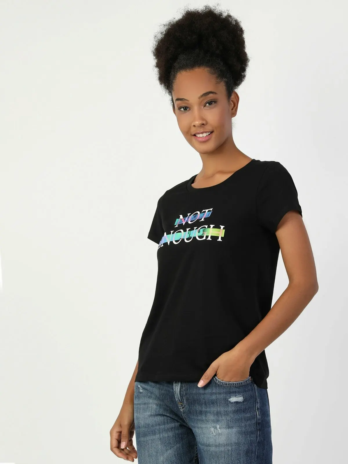 

Colins женские классического кроя черные короткие SleeveTshirtWomen, Детская футболка модные женские футболки, CL1048356