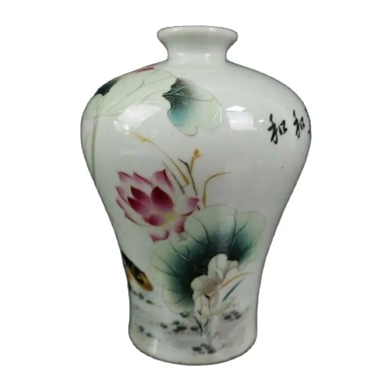 

Chinese Old Porcelain Pastel Mandarin Duck Play Lotus Pattern Plum Bottle Vase