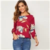 SHEIN, красный рулон, рукав-вкладка, цветочный принт, блузка, женские топы, весна-осень, круглый вырез, с закатанными рукавами, повседневные блузки