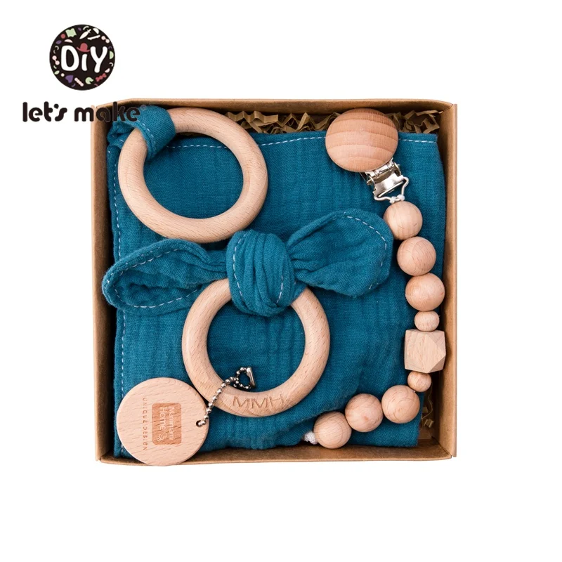 blue Детское Зубное кольцо от компании Let's Make; зубное кольцо из дерева Детское Зубное кольцо& детский слюнявчик, полотенце для слюней и соски с цепочкой для младенцев, комплект с заячьими ушками; без добавления бисфенола А новорожденного продукты - Цвет: blue
