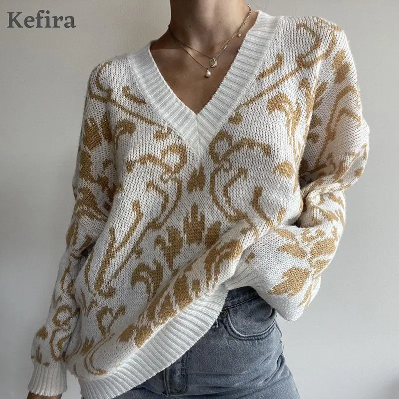 

Kefira Autumn Winter Casual V Neck Oversized Sweater Pullover Vintage Long Sleeve Pattern Fashion Loose Knitted Jumpers 2021