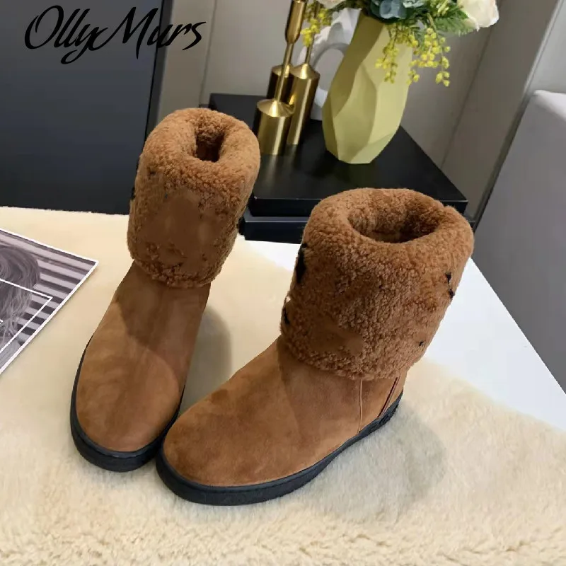 

Ollymurs Newest Handmade Splice Rain Boots For Women Round Toe Wool Winter Warm Boots Luxury Brand Designer Women Shoes