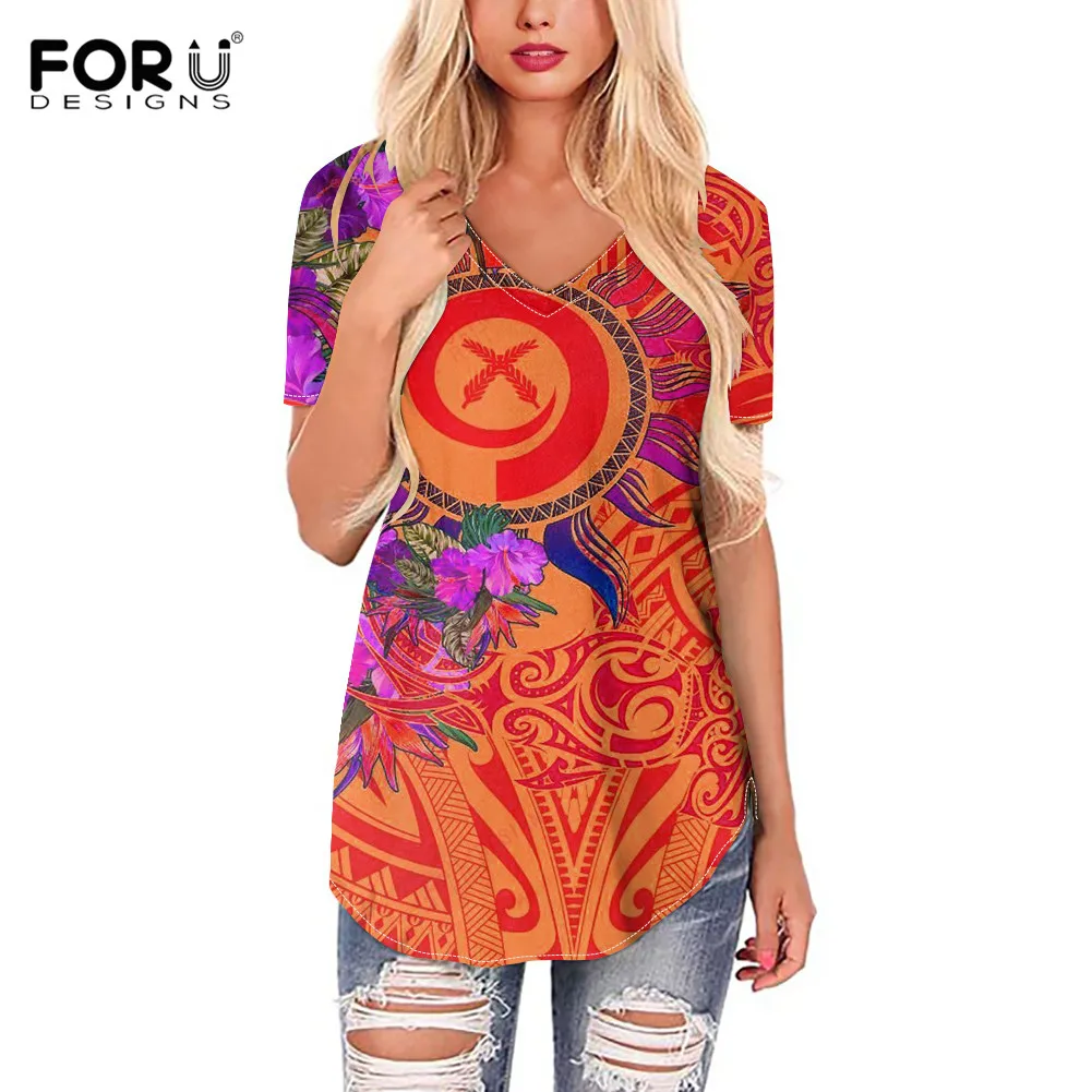 

Свободные женские модные рубашки FORUDESIGNS Vanuatu с символом и узором гибискуса, женские повседневные Сексуальные облегающие Топы с коротким рук...