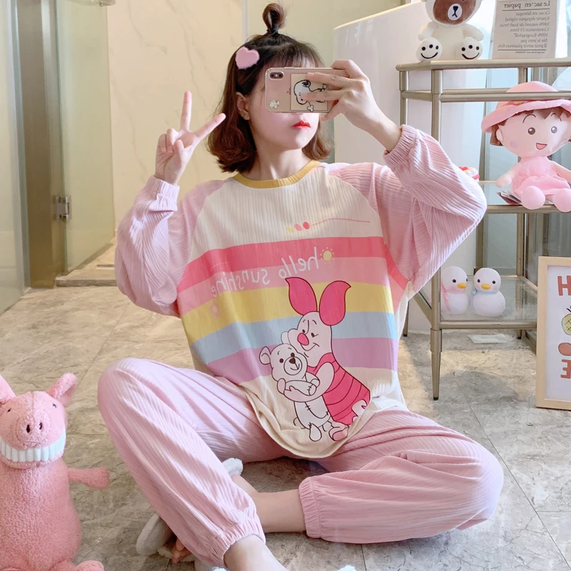 

Pajama For Women Long Sleeve Tops With Pant 2 Pieces Female Sleepwear Soft Cotton Cartoon Pyjama Pooh Bear Anime Pijama Homewear