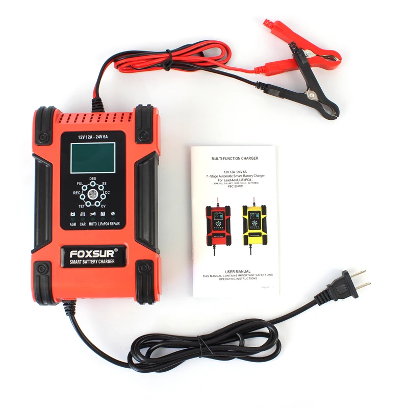 foxsur 12v24v 12a automatic car battery charger pulse repair lcd battery charger for car motorcycle lead acid battery agm gel free global shipping