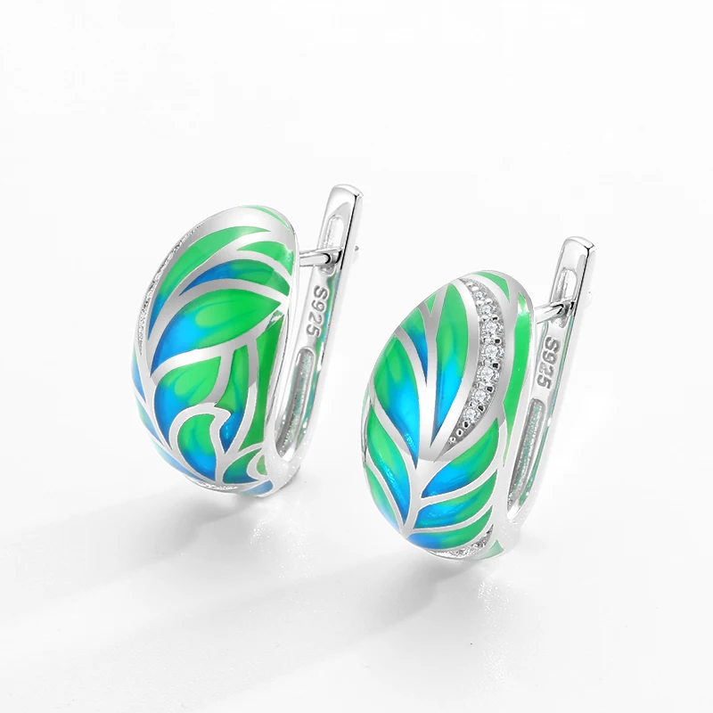 

Earrings for women with Sparkling CZ Green and blue Fresh plant leaves Stud Earring Exquisite Fine Jewelry Handmade Enamel