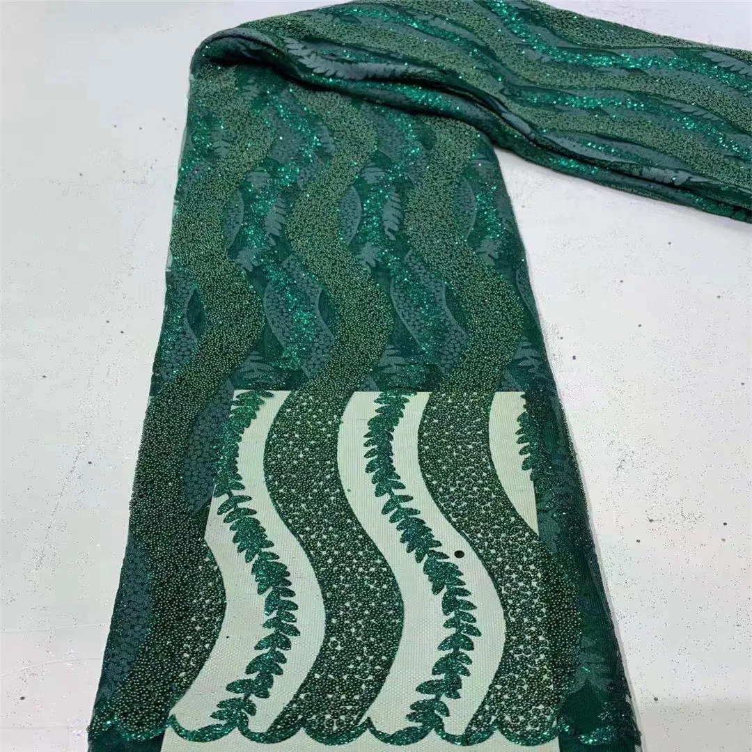 

2021 High Quality Nigerian Lace Fabric Embroidered French African Sequins Lace Fabric Weaving Design Green Sequins Lace Fabric