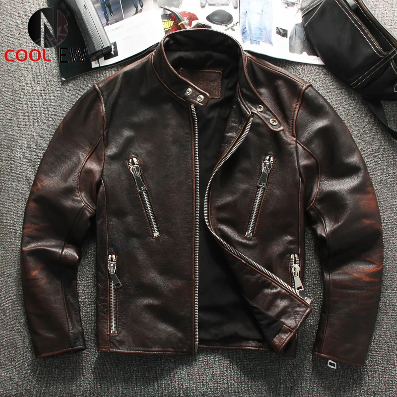 

2021 Vintage Brown Motorcycle Style Genuine Leather Jacket Men Plus Size 3XL Real Thick Cowhide Autumn Slim Fit Biker's Coat