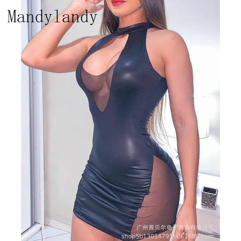 

Mandylandy Dress Summer Fashion Sleeveless O-Neck Backless See-through Dress Women's Sexy Solid Color Slim Lace Stitching Dress