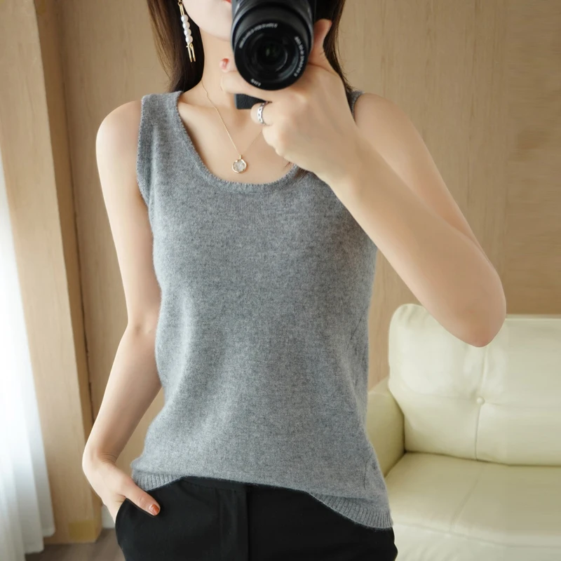 

BELIARST 100% Pure Wool Sling 2021 Sspring And Autumn New Women's Pullover Vest Slim Knit Tops Women's Solid Color T-Shirt