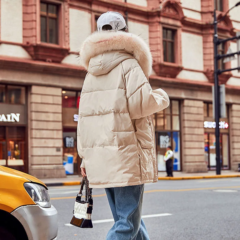 Женская куртка на белом утином пуху зимняя теплая парка с капюшоном и воротником