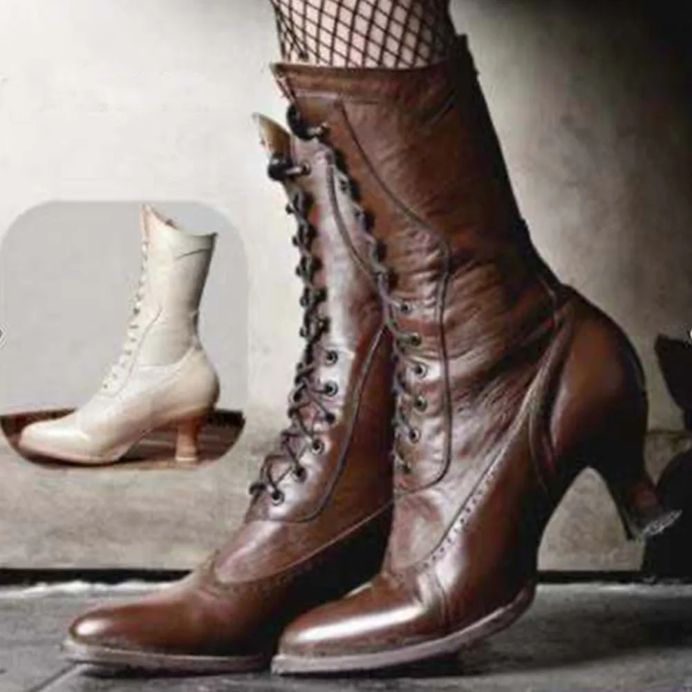 

KARINLUNA Big Size 35-43 Female Retro Autumn Boots Pointed Toe Cross Tied Thick High Heels Women Boots Mid Calf Women Shoes