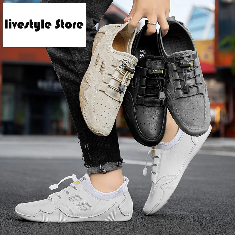 

Men Genuine Leather Shoes Fashion Men Loafers Comfortable Outdoor Business Shoes Black White Casual Men Shoes Soft Men Shoes