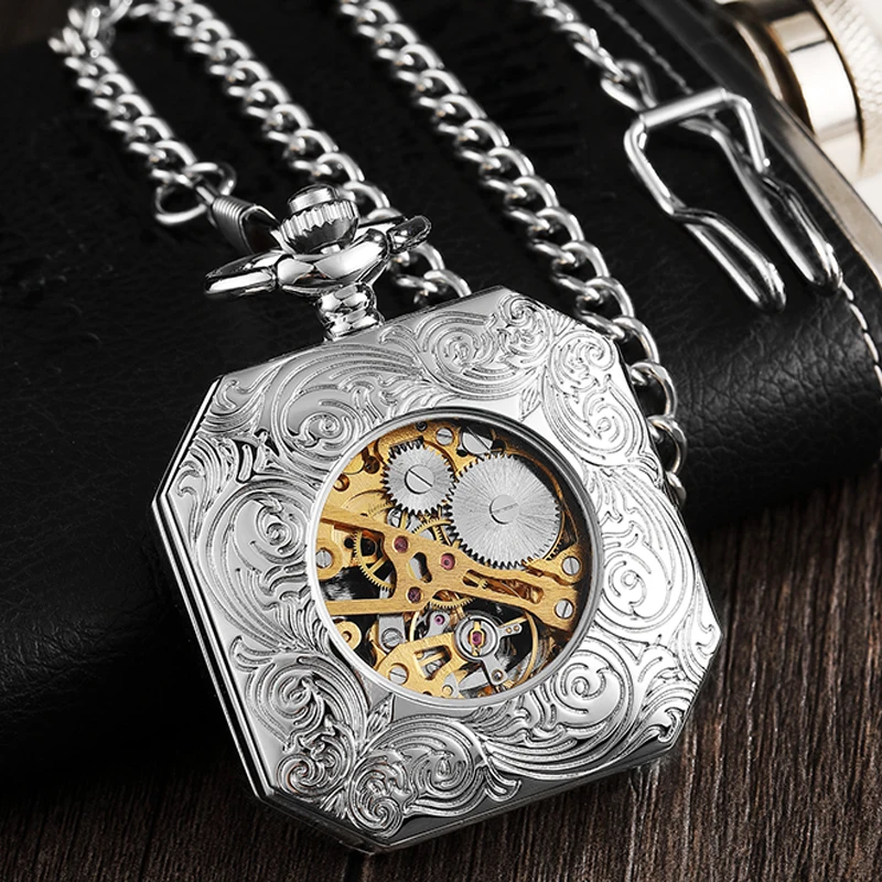 Mechanical Pocket Watch Antique Skeleton Dial Fob Chain Luxury Dragon Kirin Hanging Clock with Gift Box for Men Dropshipping