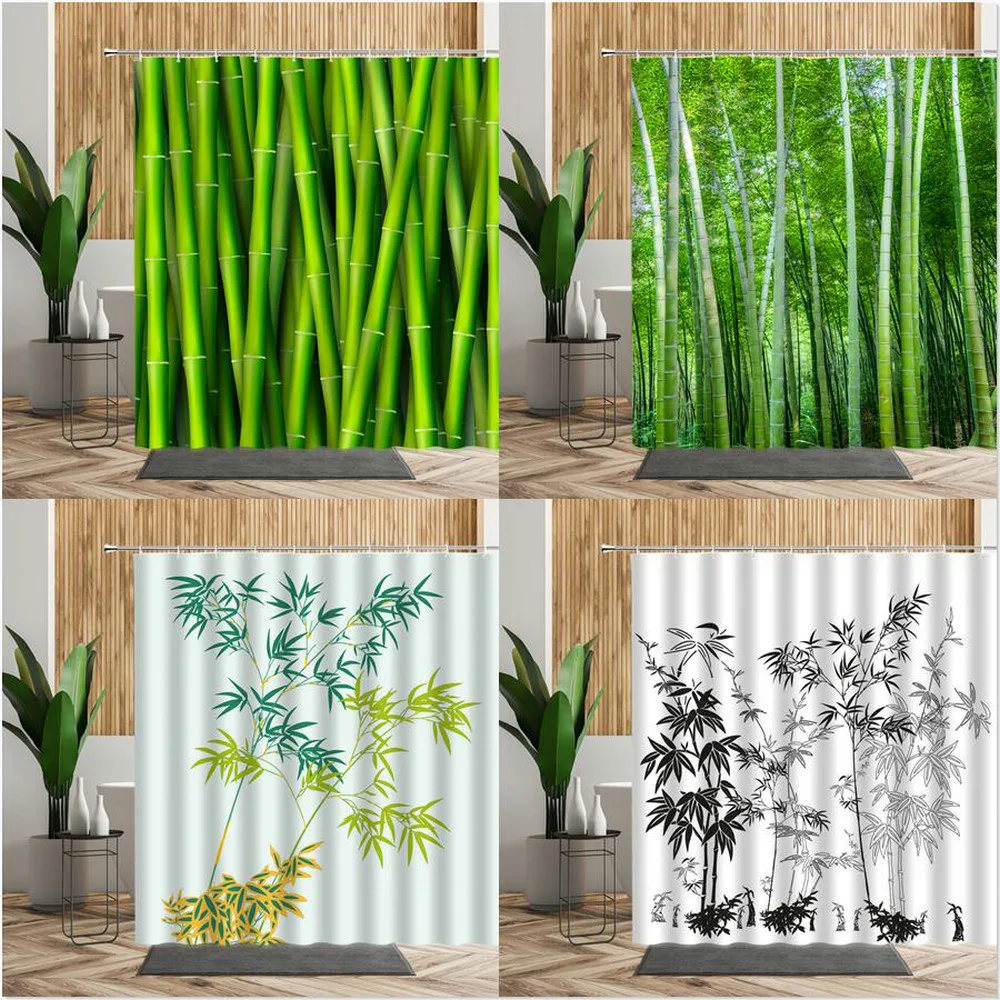 

3d-занавеска для душа с зелеными растениями, бамбуковый лес, летний декор для ванной, гостиной, подвесная ткань с крючками, занавеска для ванн...