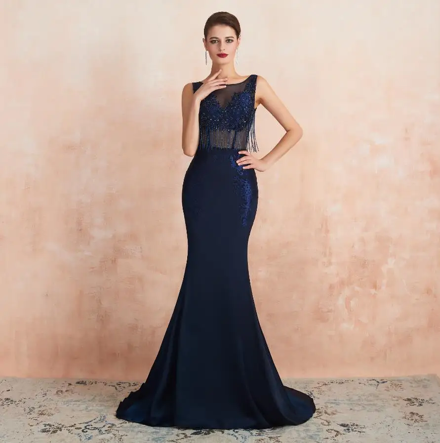 Тёмно-синий Vestido Longo Festa вечерние платья длинное темно-синее Сексуальное Платье De Soiree элегантный праздничный официальный вечерний наряд - Цвет: Тёмно-синий