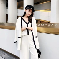 three pieces pant sets for women spring autumn long sleeve cardigans v neck single breasted camisole wide leg pants suits