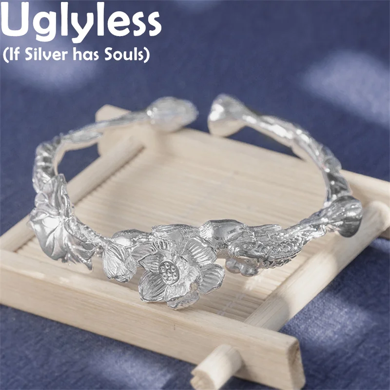 

Uglyless 999 Silver 3-dimensional Handmade Lotus Bangles for Women Oriental Charming Lotus Flower Leaf Bangles Miao's Silverware