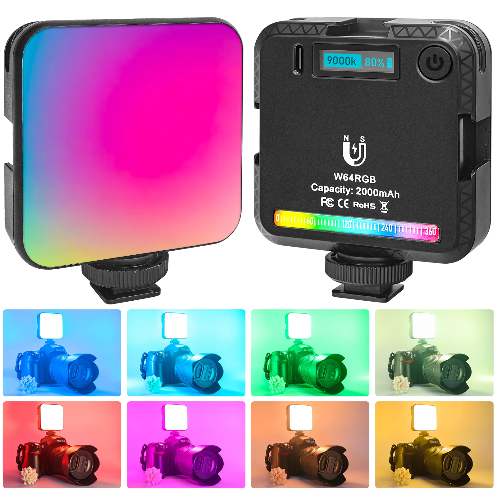 

W64RGB Light 360° Full Color Photography Lighting 2000mAh Rechargeable 2500-9000K Dimmable LED Panel on Camera Video Lights