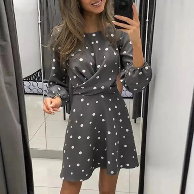 

3XL Women Polka Dot Print A-Line Dress Fashion Cross Draped Long Sleeve Mini Dress Casual O Neck Slim Fit Party Dresses Vestido