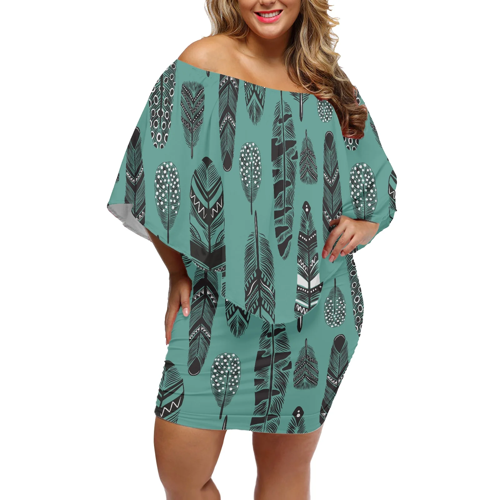 

Fashion Women Vintage Feather Pattern Dress Lady Elegant Summer Casual Short Sexy Midi Dress Women Bodycon Ruffle Party Dress