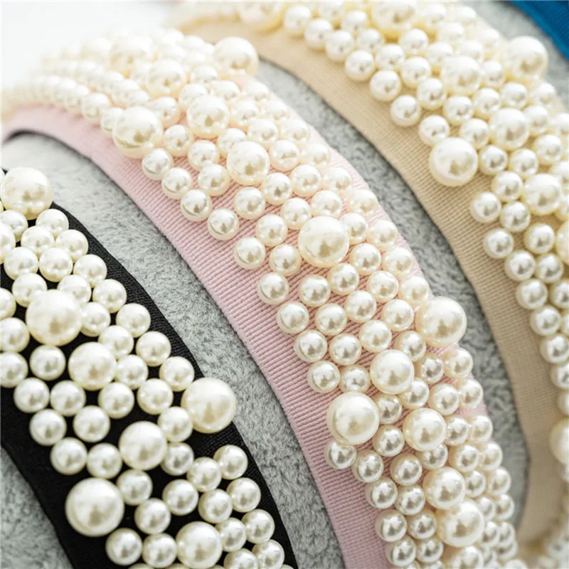 

Elegant Full Pearls Beaded Solid Color Head Hoop Women Wide Side Headband Handmade Simulation Pearl Hairbands Hair Accessories