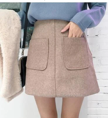 Color card Зимняя короткая юбка из шерсти с карманами, трапециевидная юбка с высокой талией, винтажные теплые шерстяные юбки - Цвет: Color card