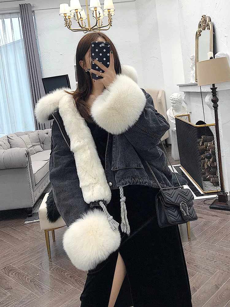 2021 Denim Parka Women Winter Jacket Real Fox Fur Collar Cuffs Rabbit Lining Warm Loose Outerwear Streetwear Removable enlarge