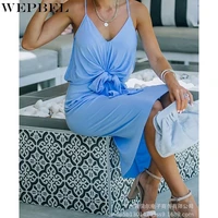 wepbel fashion v neck dress womens casual solid color loose lace up dress summer spaghetti strap backless pleated dress